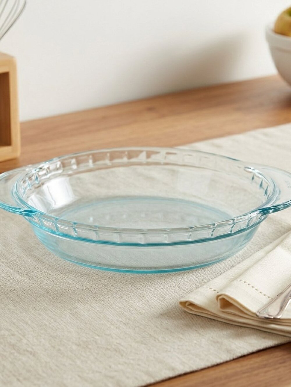 Vintage Pyrex 9.5” Clear Glass Pie Plate |  Green Tint |  USA Made |  1.75” Deep